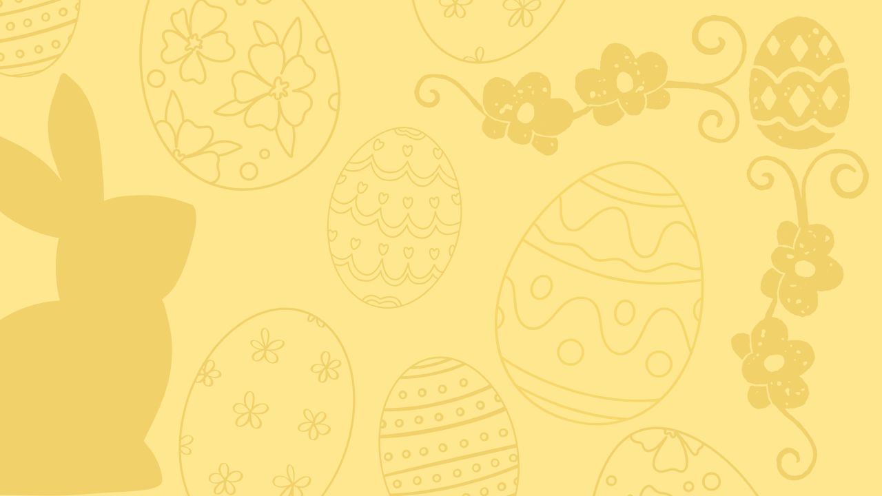 Yellow image with darker yellow illustrations of ornate Easter eggs and a silhouette of a rabbit.